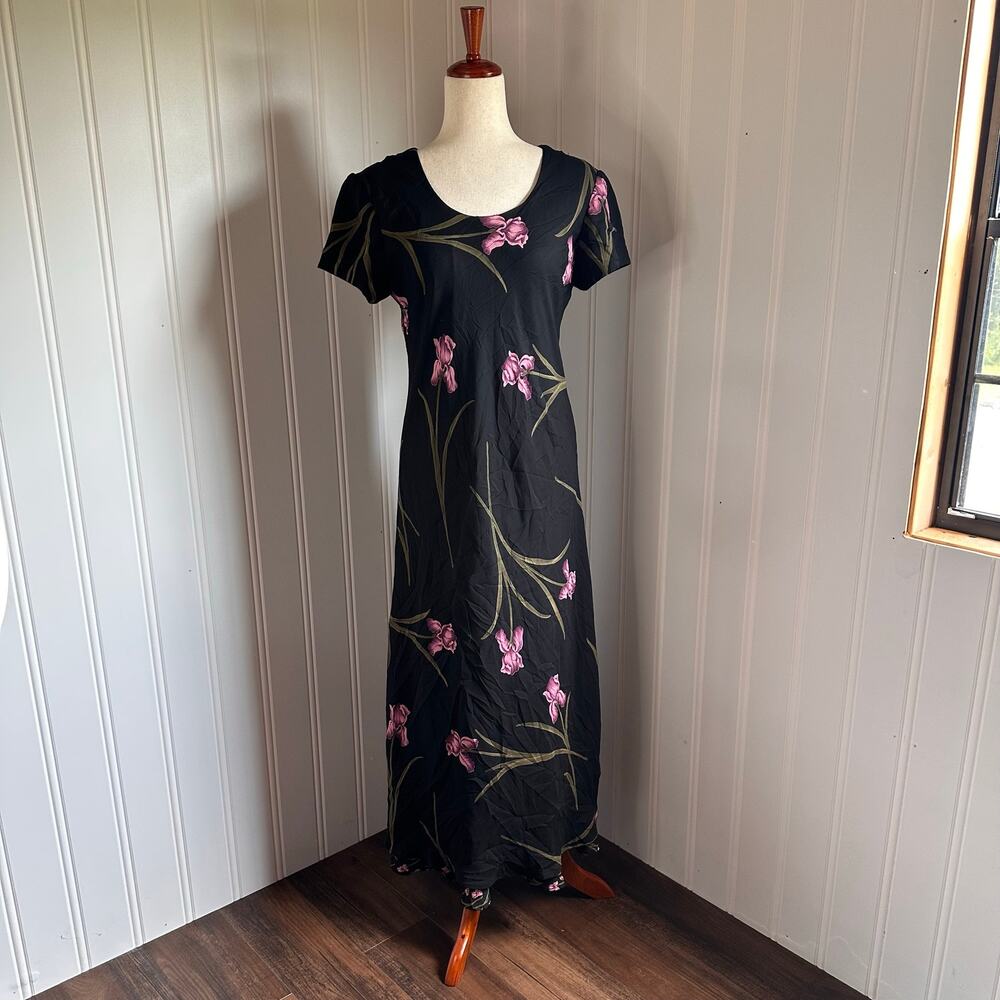 Vintage 90s/Y2K Whimsigoth Black Floral Maxi Dress S